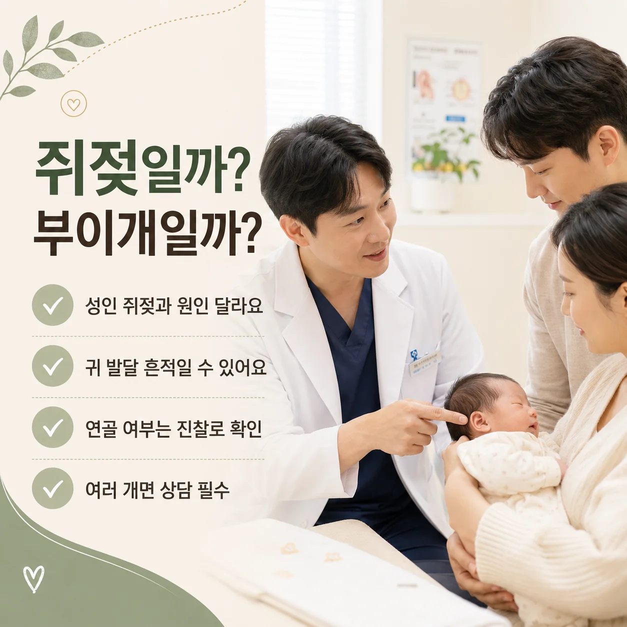 신생아 스킨텍(부이개)과 쥐젖의 차이를 보여주는 설명 이미지