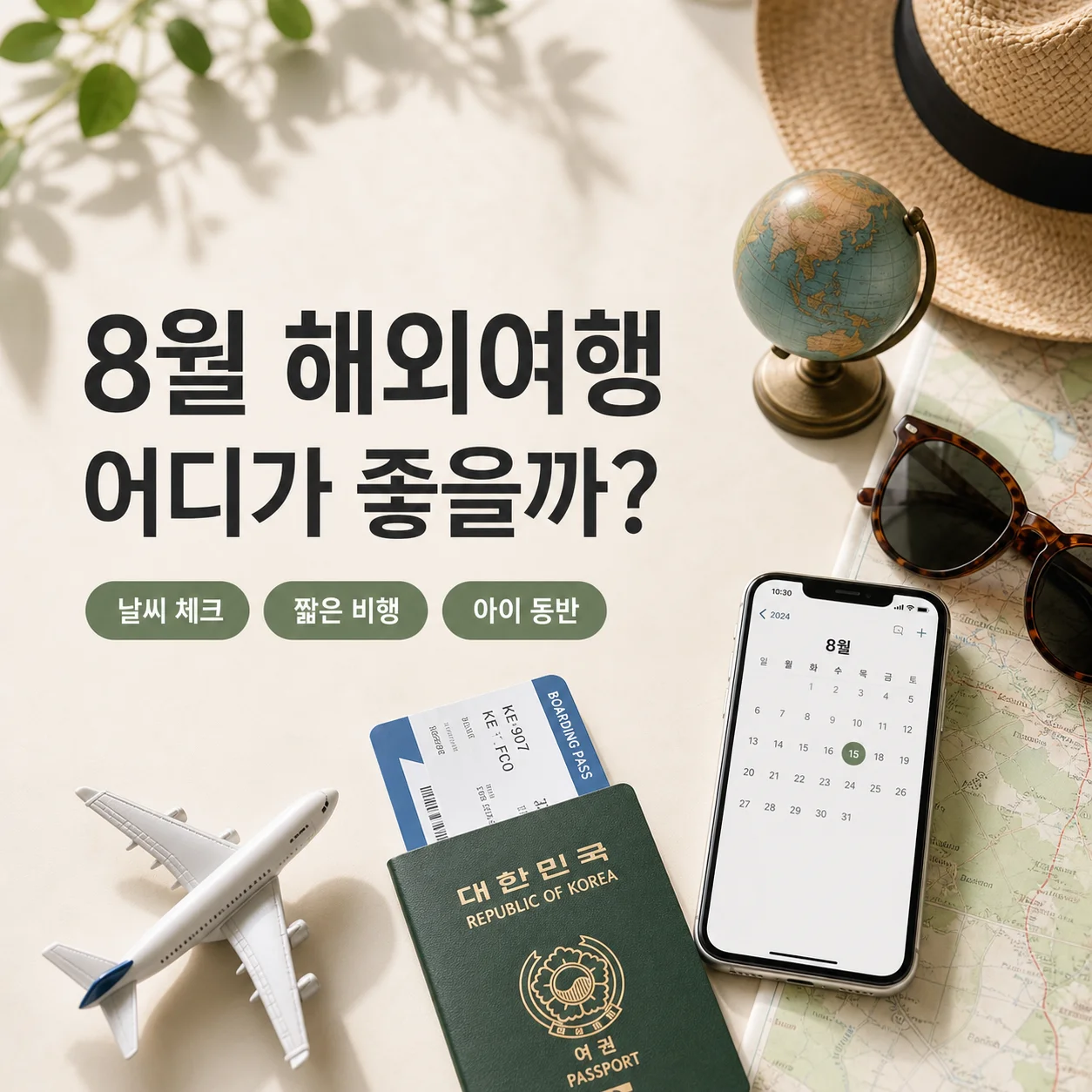 8월 해외여행 추천 여행지를 날씨와 동행 조건으로 정리한 배너 이미지