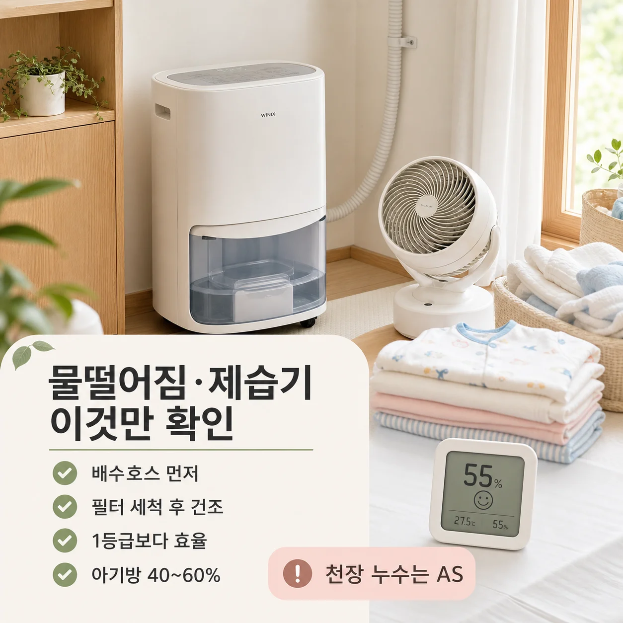 가성비 1등급 제습기 고르는 기준 - 제습량 대비 소비전력과 용량, 배수 방식 확인